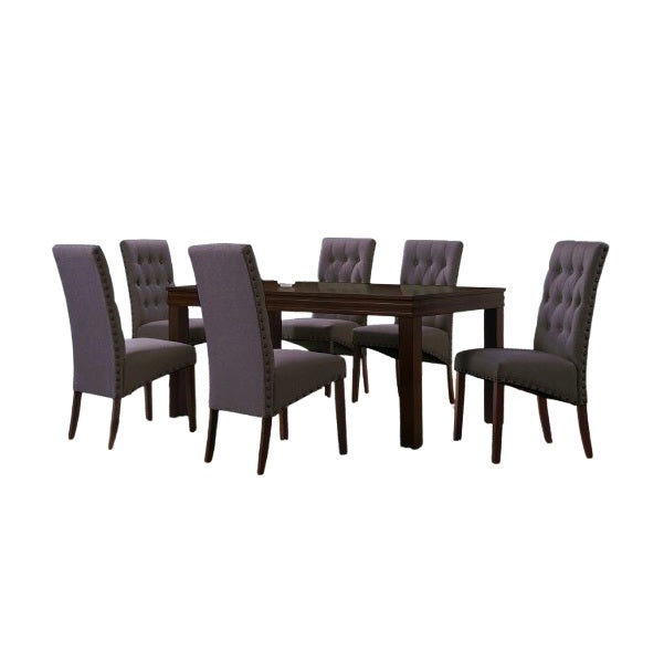 Amber Dining Set | 6 & 8 Seater Solid Wood Dining Table with Tufted Fabric Chairs & Nailhead Trim