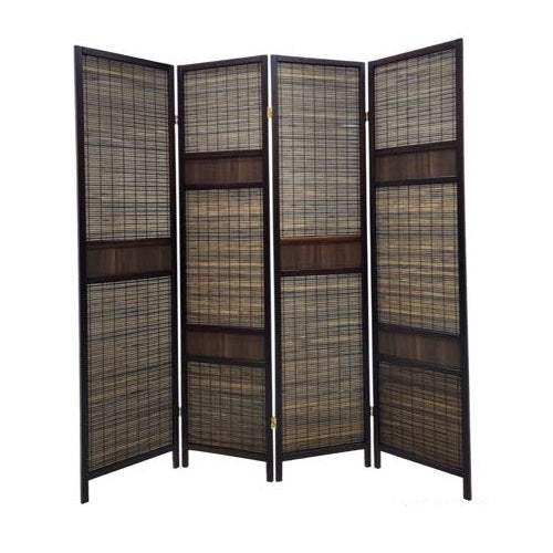 Folding divider featuring elegant bamboo panels, providing a natural and stylish way to separate spaces.