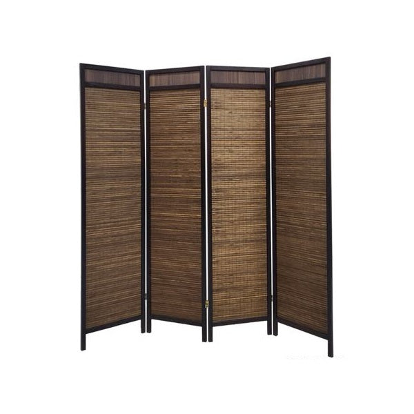 Folding divider featuring elegant bamboo panels, providing a natural and stylish way to separate spaces.