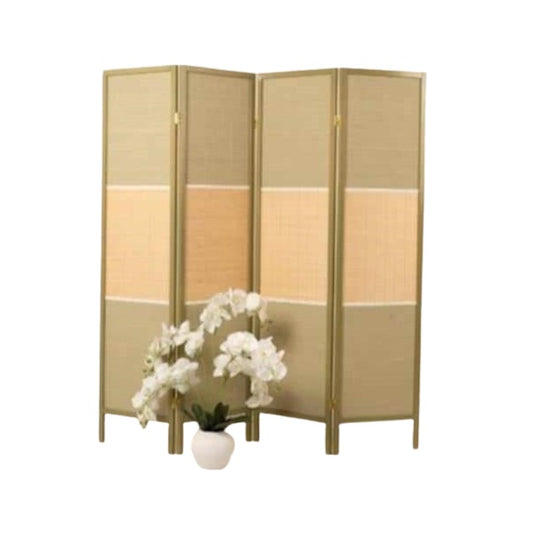 A bamboo screen serves as an elegant room divider, providing a natural touch and separation in the living area.