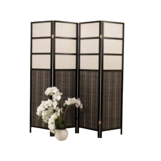A bamboo screen serves as an elegant room divider, providing a natural touch and separation in the living area.
