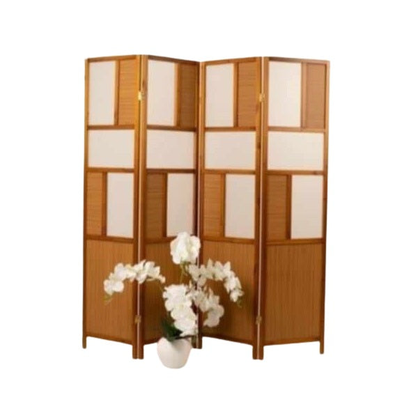 A bamboo screen serves as an elegant room divider, providing a natural touch and separation in the living area.