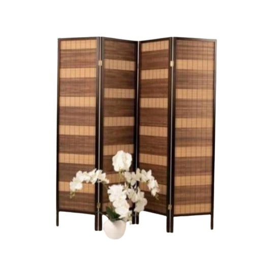 A bamboo screen serves as an elegant room divider, providing a natural touch and separation in the living area.