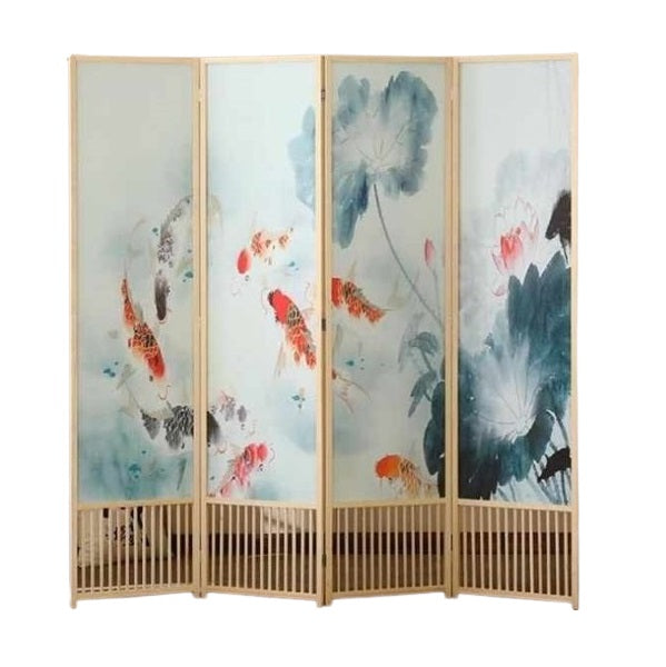 A four-panel room divider featuring a vibrant painting design, adding a decorative touch to any space.