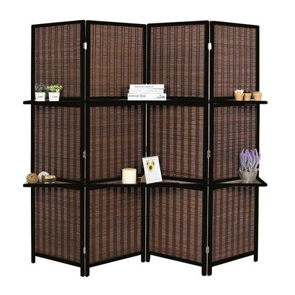 A stylish room divider with four panels and built-in shelves, enhancing privacy while offering functional storage space.