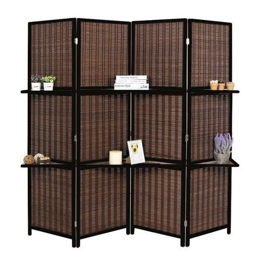 A stylish room divider with four panels and built-in shelves, enhancing privacy while offering functional storage space.