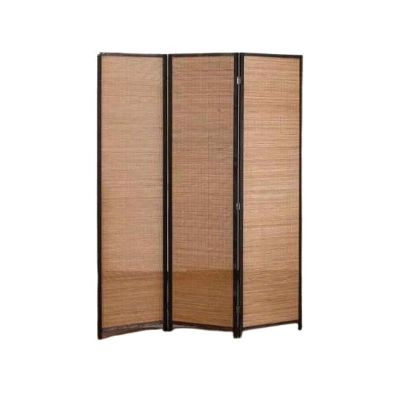 A bamboo screen serves as an elegant room divider, providing a natural touch and separation in the living area.