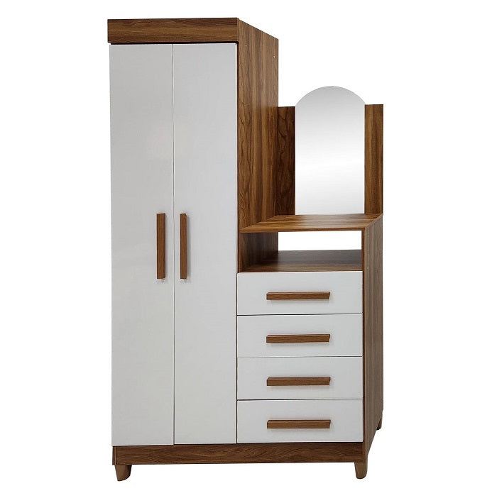 A stylish wardrobe in white and brown, complete with a mirror, perfect for enhancing any bedroom décor.
