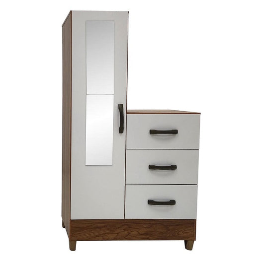 A stylish wardrobe in white and brown, complete with a mirror, perfect for enhancing any bedroom décor.