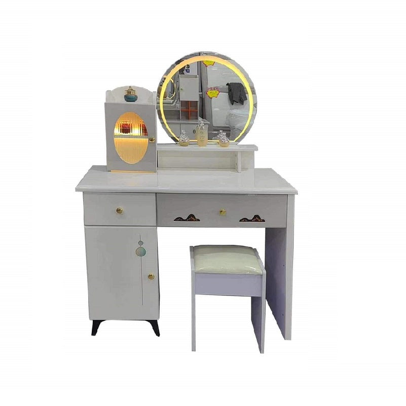 A white vanity featuring a mirror and a matching stool, elegantly arranged for a stylish dressing area.