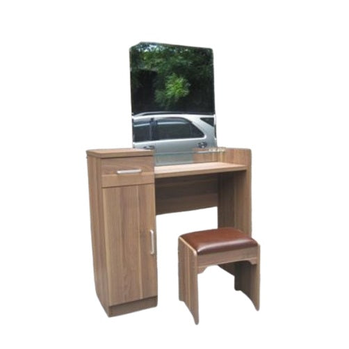 A compact dressing table with an attached mirror and a coordinating stool, ideal for makeup and personal care routines.