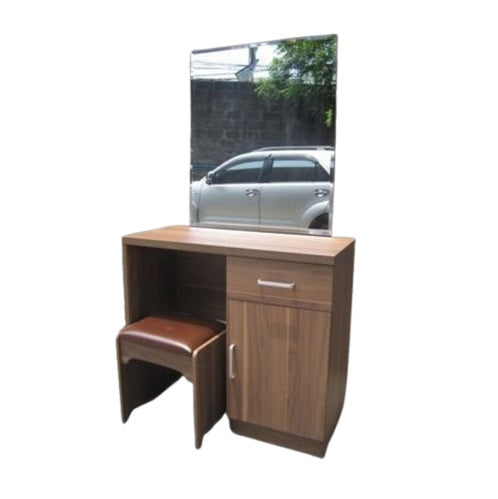 A compact dressing table with an attached mirror and a coordinating stool, ideal for makeup and personal care routines.