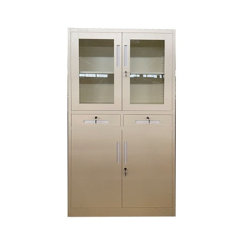 A metal cabinet featuring glass doors and drawers, showcasing a sleek and modern design for storage and display.