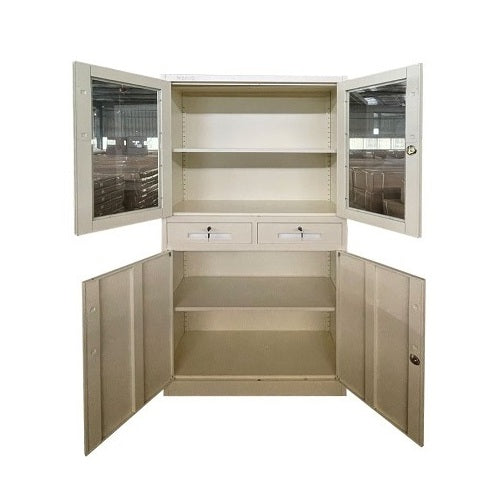 A metal cabinet featuring glass doors and drawers, showcasing a sleek and modern design for storage and display.