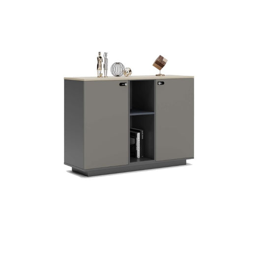 A gray file cabinet showcasing modern design elements perfect for organizing office essentials.