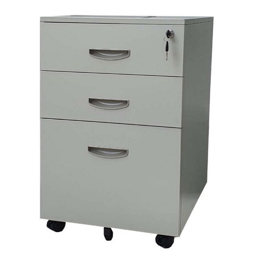 A modern filing cabinet with three drawers, ideal for keeping files organized and accessible.