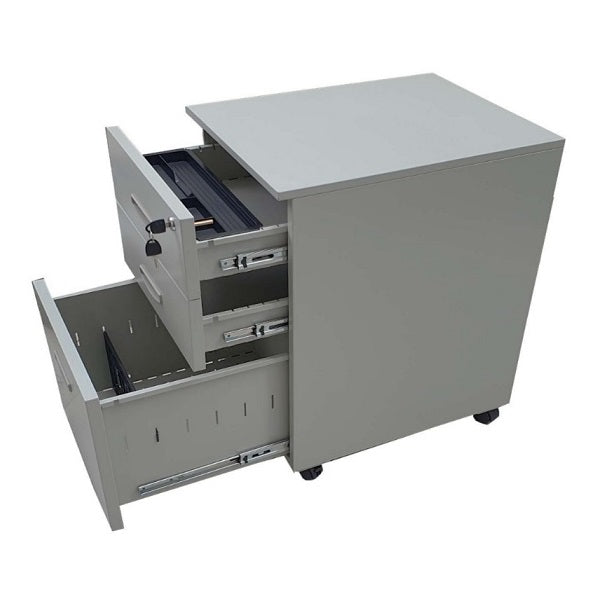 A modern filing cabinet with three drawers, ideal for keeping files organized and accessible.