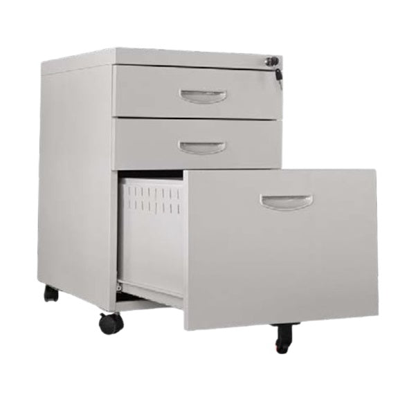 A modern filing cabinet with three drawers, ideal for keeping files organized and accessible.
