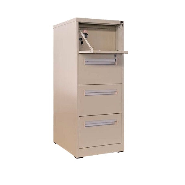 A sleek filing cabinet with four drawers, ideal for storing documents and office supplies efficiently.