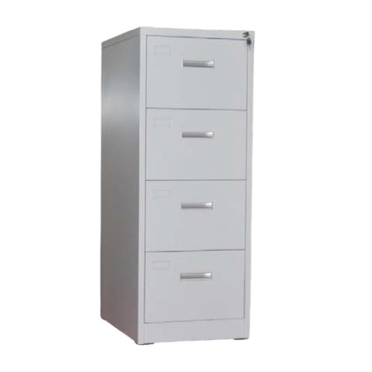 A sleek filing cabinet with four drawers, ideal for storing documents and office supplies efficiently.