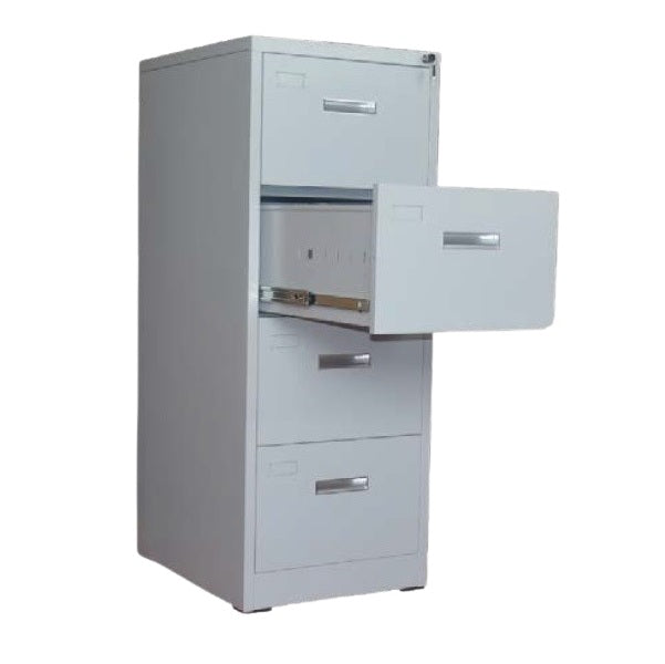 A sleek filing cabinet with four drawers, ideal for storing documents and office supplies efficiently.