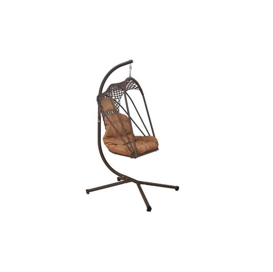 A cozy hanging chair adorned with a vibrant flower pattern, perfect for relaxation and adding charm to any space.