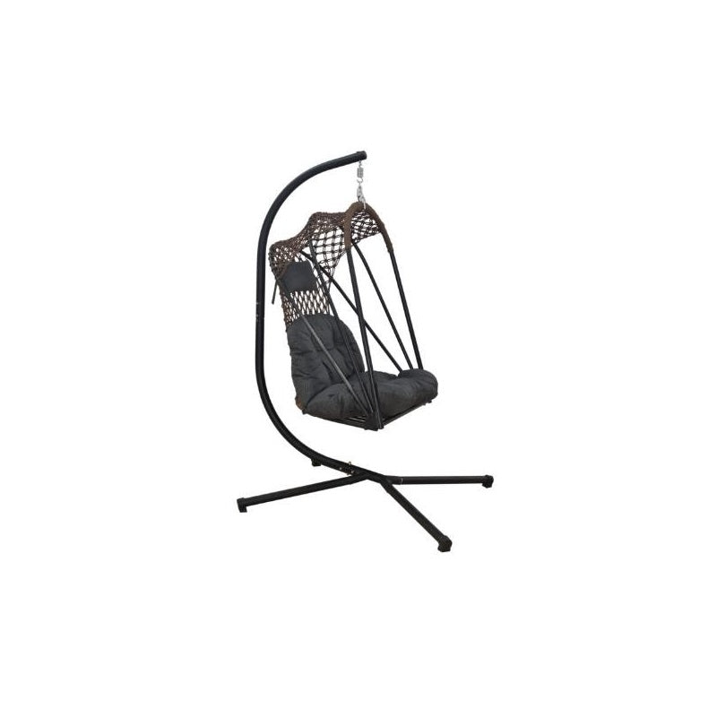 A cozy hanging chair adorned with a vibrant flower pattern, perfect for relaxation and adding charm to any space.