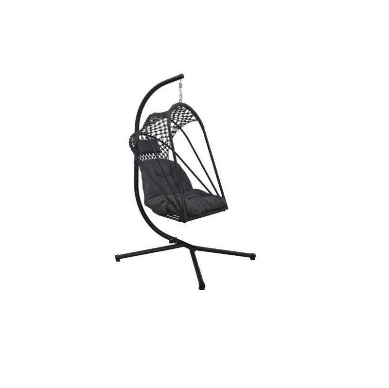 A cozy hanging chair adorned with a plush black cushion, perfect for relaxation and adding charm to any space.