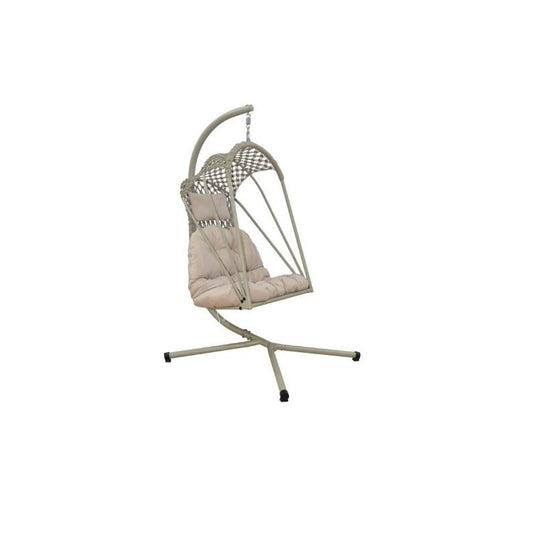 A cozy hanging chair adorned with a plush beige cushion, perfect for relaxation and adding charm to any space.
