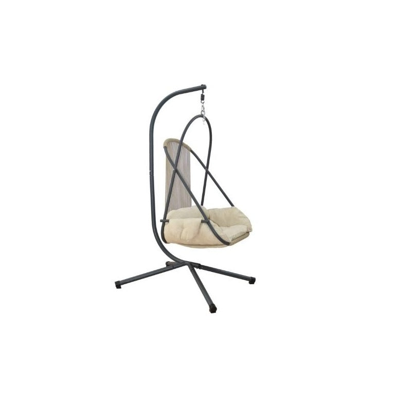 A cozy hanging chair adorned with a plush yellow cushion, perfect for relaxation and adding charm to any space.