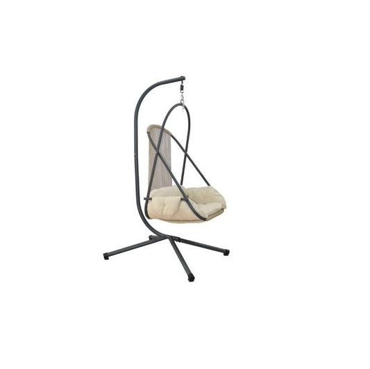 A cozy hanging chair adorned with a plush yellow cushion, perfect for relaxation and adding charm to any space.