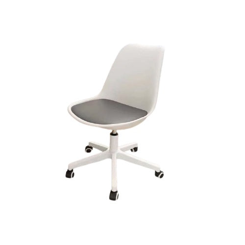A White office chair featuring without armrests and a supportive backrest, designed for comfort and ergonomic use.