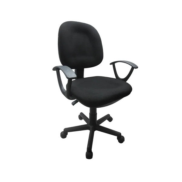 A black office chair featuring  without armrests and a supportive backrest, designed for comfort and ergonomic use.