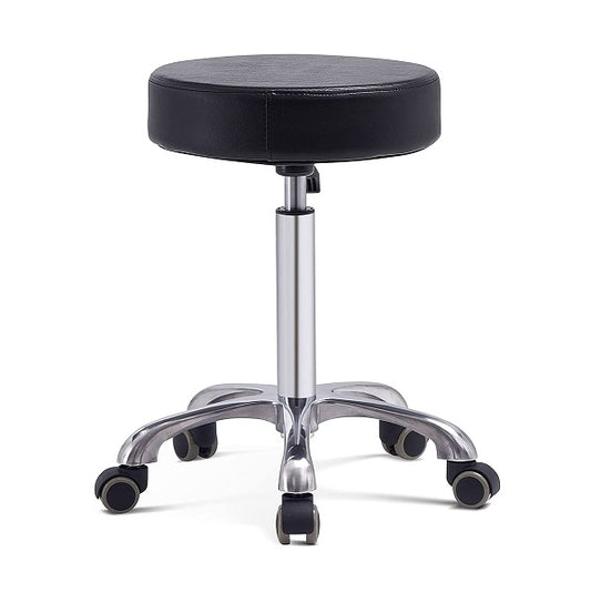 A black rolling stool displayed on a white background, emphasizing its versatility and contemporary style.