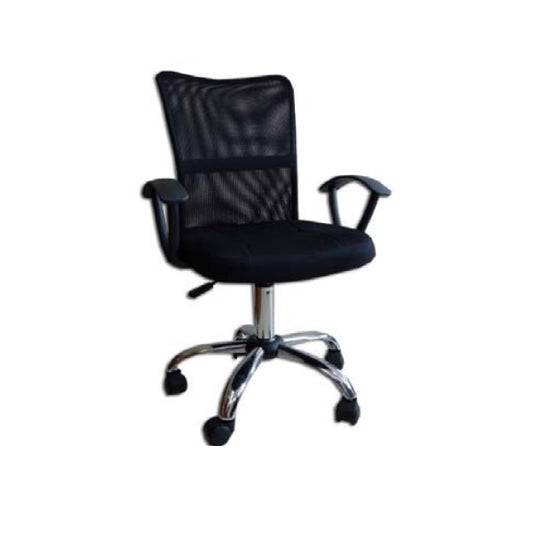 A black office chair featuring  with armrests and a supportive backrest, designed for comfort and ergonomic use.