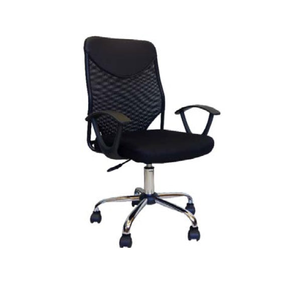 A black office chair featuring  with armrests and a supportive backrest, designed for comfort and ergonomic use.