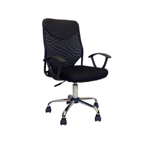 A black office chair featuring  with armrests and a supportive backrest, designed for comfort and ergonomic use.