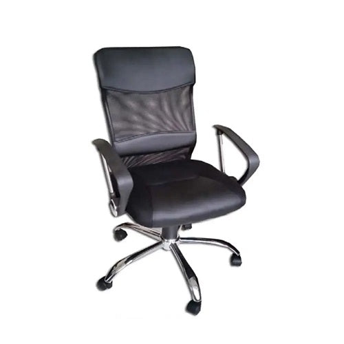 A black office chair featuring  with armrests and a supportive backrest, designed for comfort and ergonomic use.