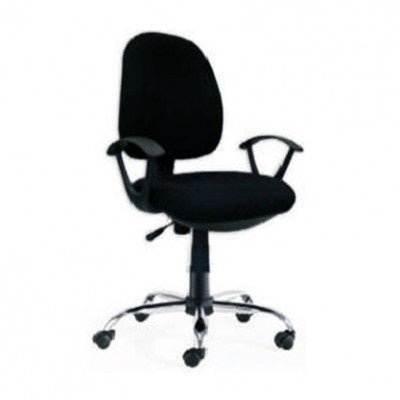 A black office chair featuring  with armrests and a supportive backrest, designed for comfort and ergonomic use.