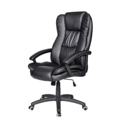 Sleek black leather office chair with armrests and a comfortable backrest, perfect for enhancing any office environment.
