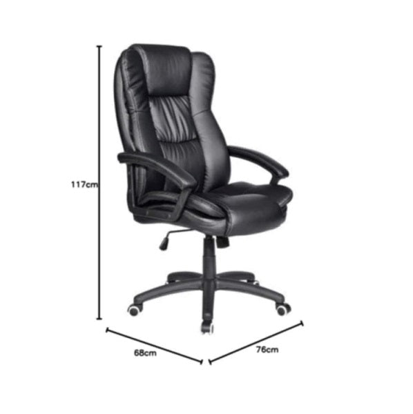 Sleek black leather office chair with armrests and a comfortable backrest, perfect for enhancing any office environment.