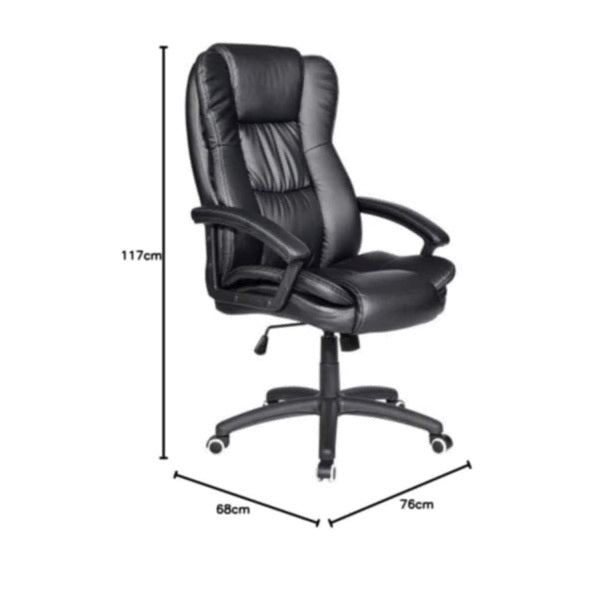 Black office chair with dimensions indicated on a white background