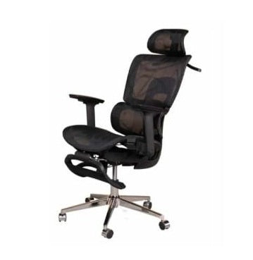 Black executive office chair with a mesh back, arms, headrest, and footrest for enhanced comfort and support.