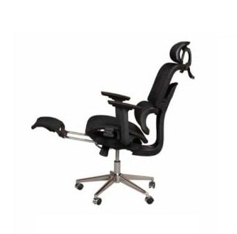 Black executive office chair with a mesh back, arms, headrest, and footrest for enhanced comfort and support.