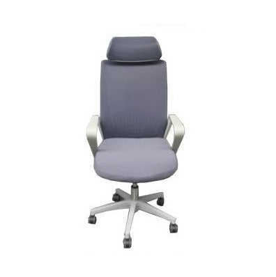 Grey fabric executive chair with armrests and headrest, designed for comfort and style in an office setting.
