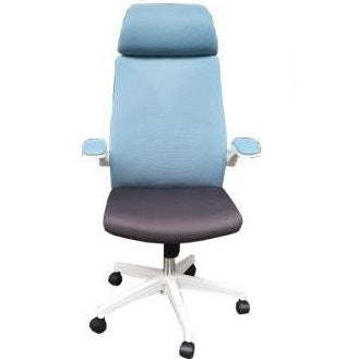 Blue executive office chair with a white base, headrest, and movable arms, featuring a gray seat.