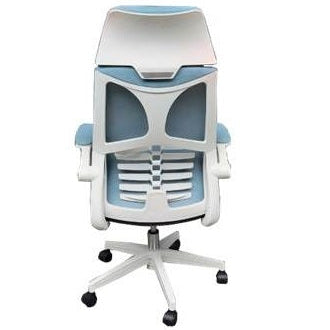 Blue executive office chair with a white base, headrest, and movable arms, featuring a gray seat.