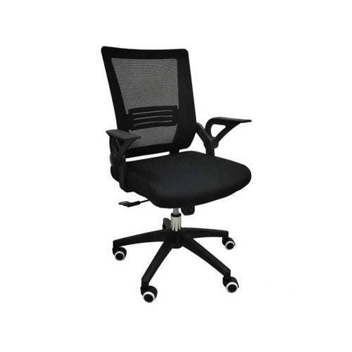 Ergonomic black office chair with a mesh back and movable armrests, ideal for enhancing comfort during long hours of work.