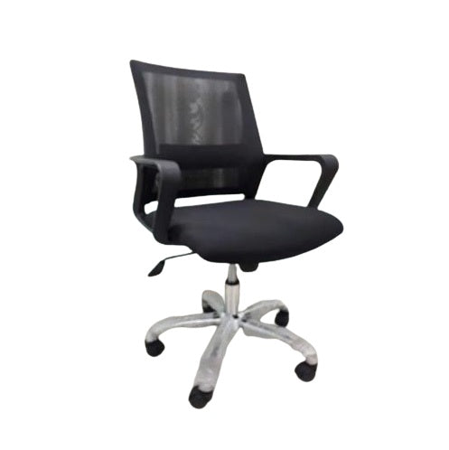 Ergonomic black office chair on wheels, designed with a sleek black mesh back for enhanced airflow and comfort.