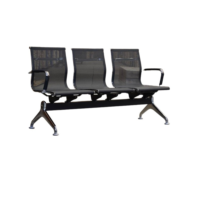 Three seater gang chair featuring sleek black seats arranged in a row.